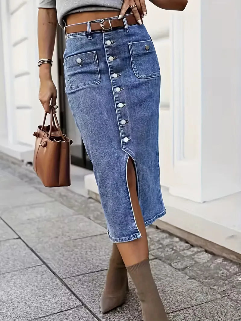 Kvinnors Denim Midi Kjol Med Knäppning Fram Hög Midja