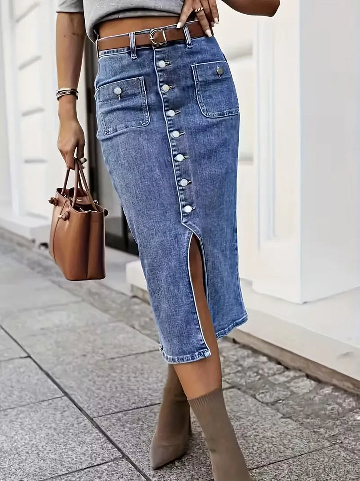 Kvinnors Denim Midi Kjol Med Knäppning Fram Hög Midja