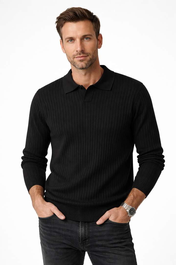 Herrens Ribbad Stickad Polo Tröja V-Hals Slim Fit