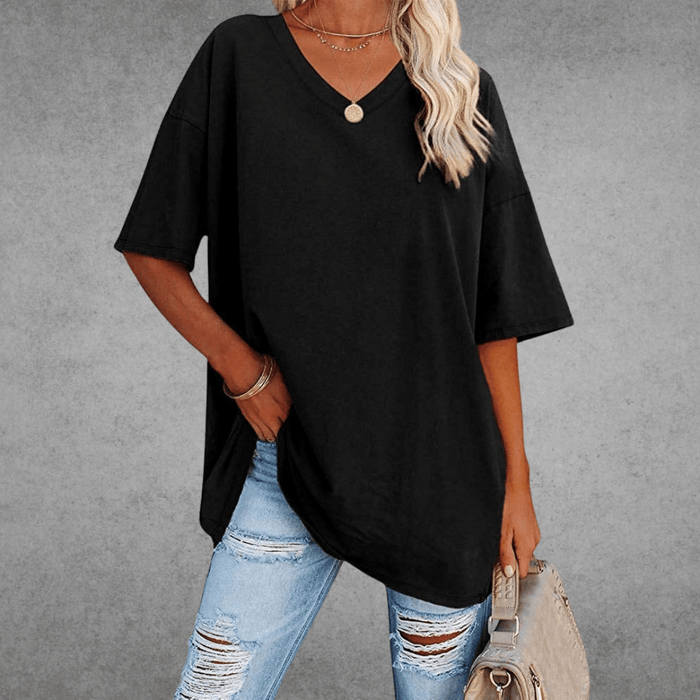 Kvinnors Oversized V-ringad Avslappnad Kortärmad T-shirt