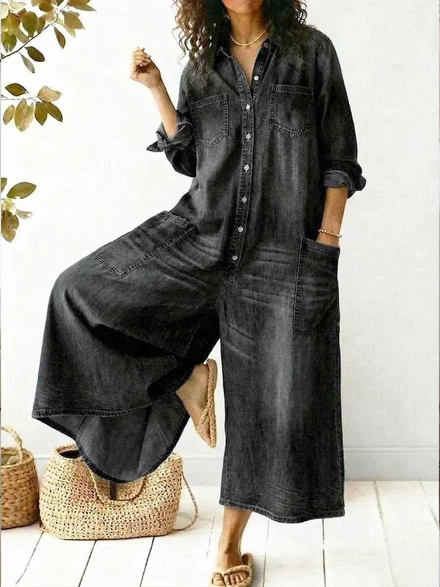 Kvinnors Vida Byxor Denim Jumpsuit Knapp Framsidan Casual Overall
