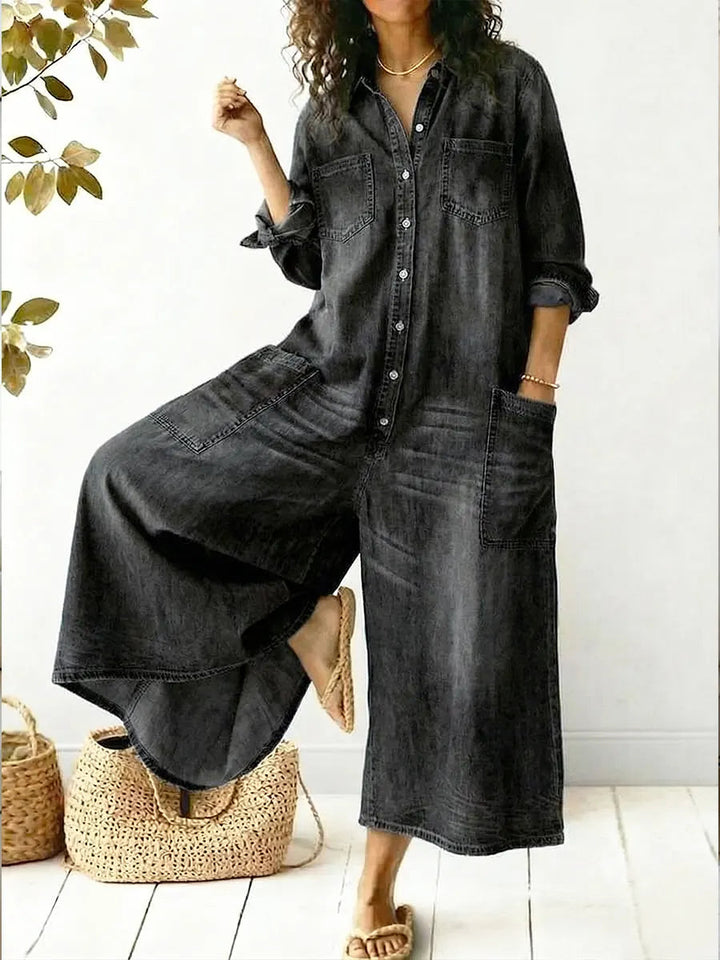 Kvinnors Vida Byxor Denim Jumpsuit Knapp Framsidan Casual Overall