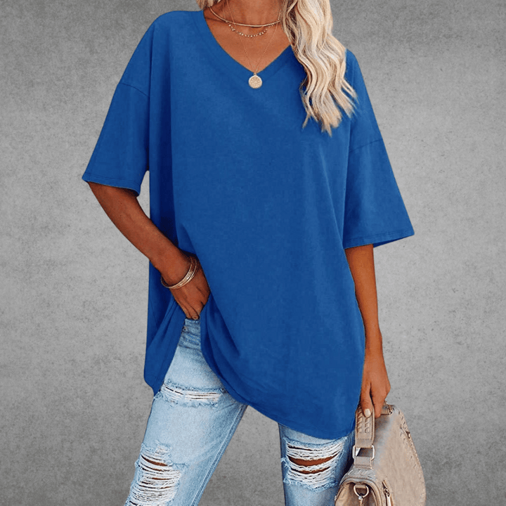 Kvinnors Oversized V-halsad Avslappnad T-shirt med Halv Ärmar