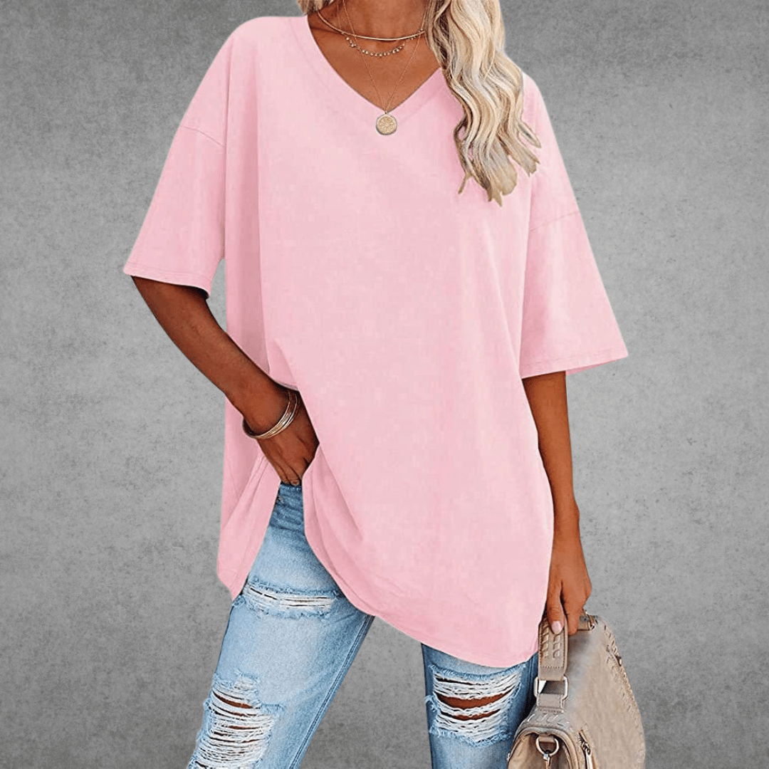 Kvinnors Oversized V-halsad Avslappnad T-shirt med Halv Ärmar
