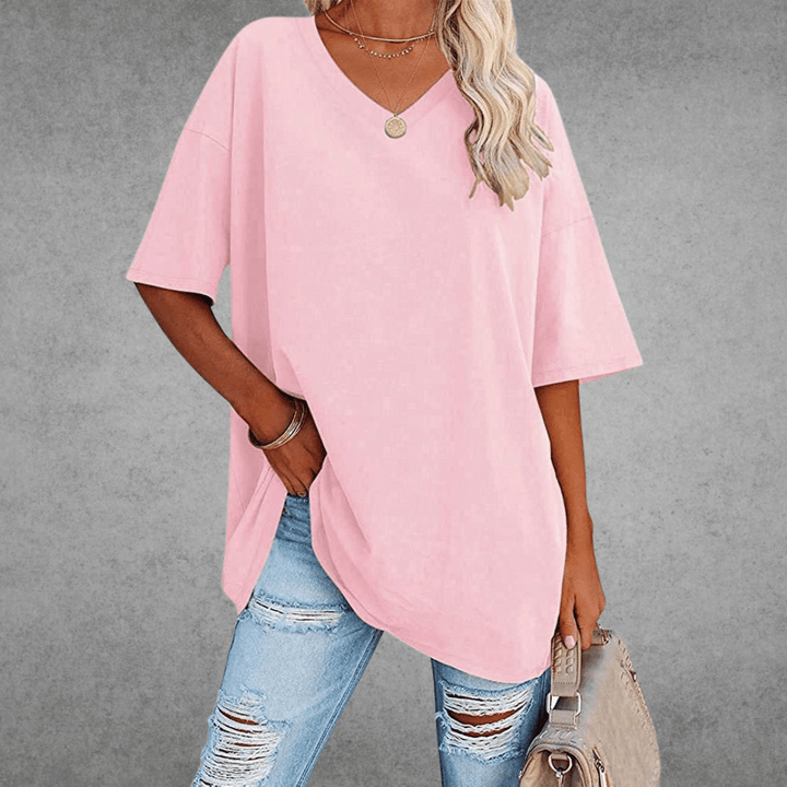 Kvinnors Oversized V-halsad Avslappnad T-shirt med Halv Ärmar