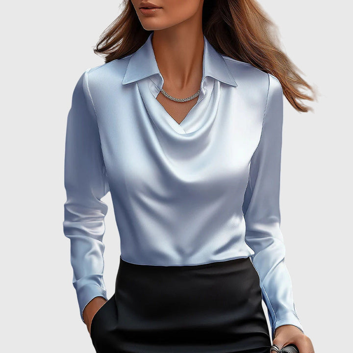 Kvinnors Satin Cowl-Neck Blus – Långärmad Skjorta med Krage för Kontor och Kvällsbruk