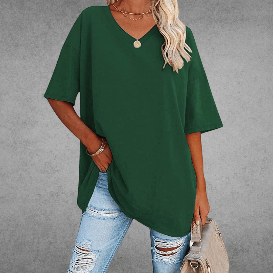 Kvinnors Oversized V-halsad Avslappnad T-shirt med Halv Ärmar