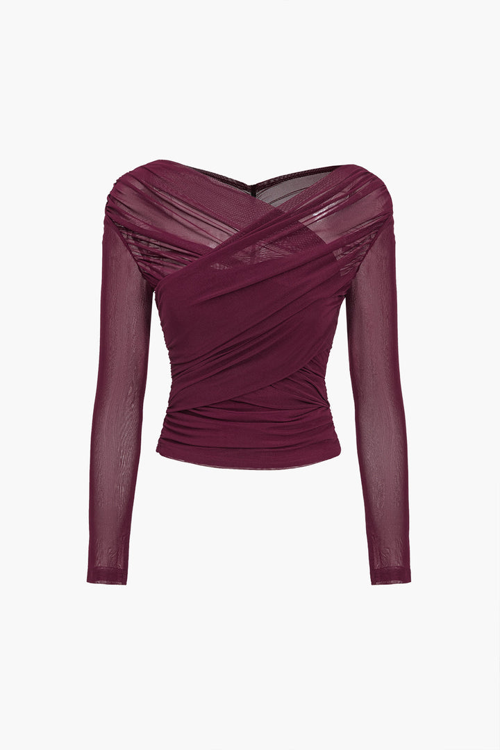 Kvinnors Rynkad Mesh Wrap Top – Långärmad Kvällstop för Elegant Styling