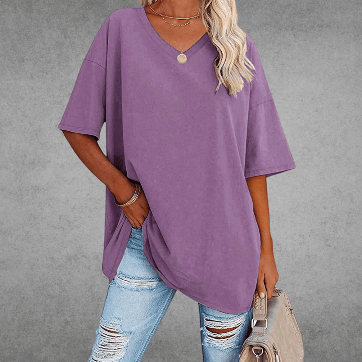 Kvinnors Oversized V-ringad Avslappnad Kortärmad T-shirt