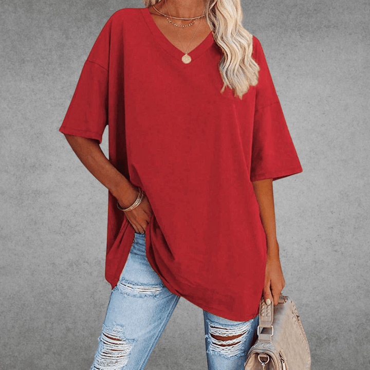 Kvinnors Avslappnad V-ringad T-shirt – Oversized Sommar Topp för Vardagsstil