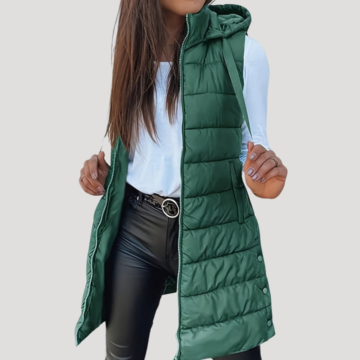 Kvinnors Vadderad Huva Gilet – Långlinjig Zip-Up Vinterlager för Avslappnad Vardagsbruk