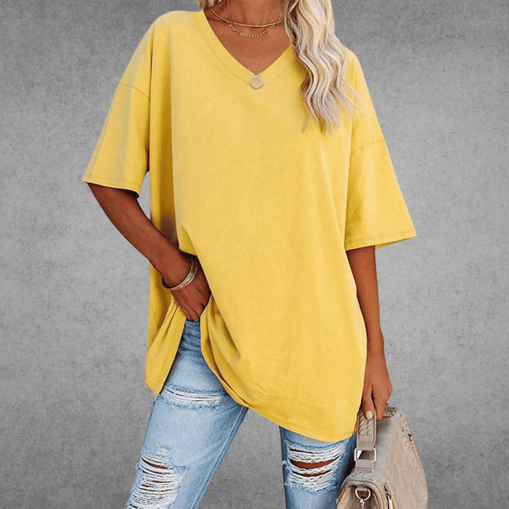 Kvinnors Avslappnad V-ringad T-shirt – Oversized Sommar Topp för Vardagsstil