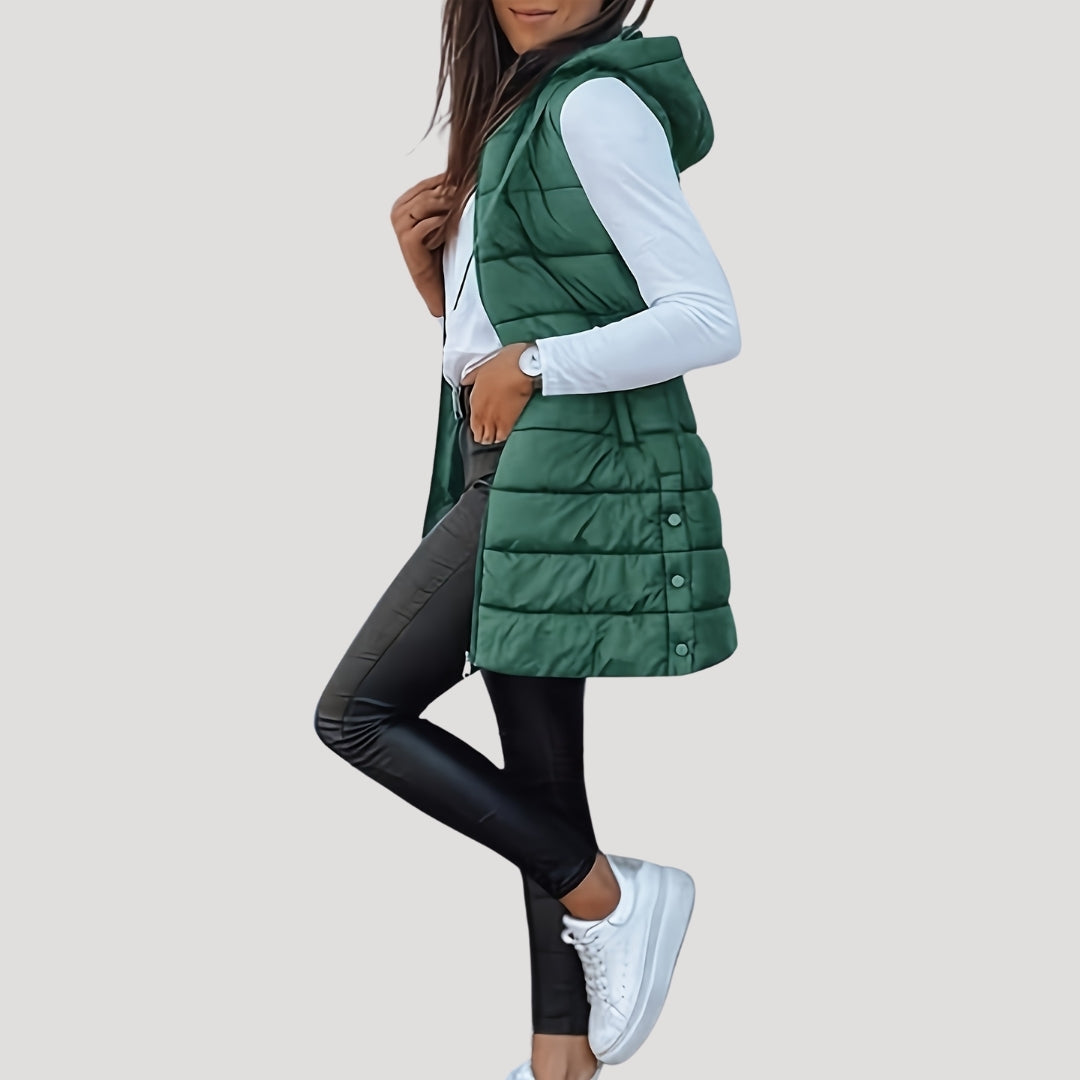 Kvinnors Vadderad Huva Gilet – Långlinjig Zip-Up Vinterlager för Avslappnad Vardagsbruk