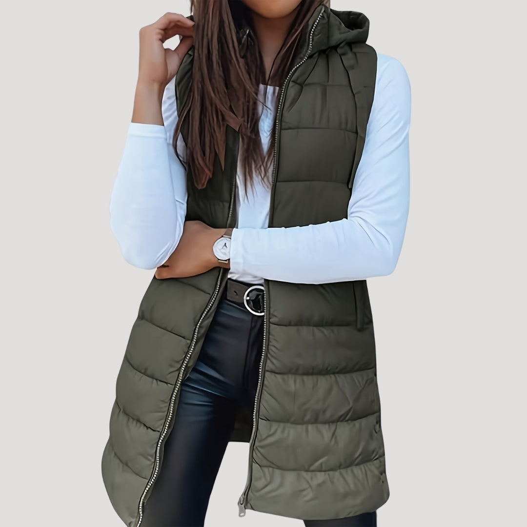 Kvinnors Vadderad Huva Gilet – Långlinjig Zip-Up Vinterlager för Avslappnad Vardagsbruk
