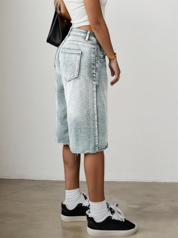 Kvinnors Denim Jorts Avslappnad Passform Hög Midja Vid Ben Knälängd Casual Shorts