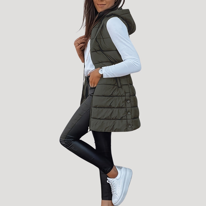 Kvinnors Vadderad Huva Gilet – Långlinjig Zip-Up Vinterlager för Avslappnad Vardagsbruk