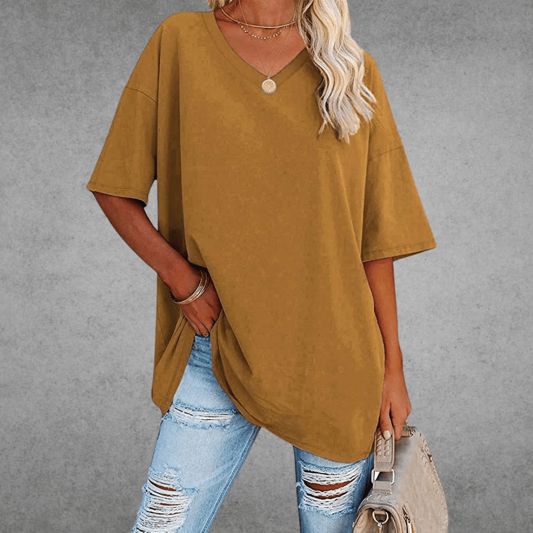 Kvinnors Avslappnad V-ringad T-shirt – Oversized Sommar Topp för Vardagsstil
