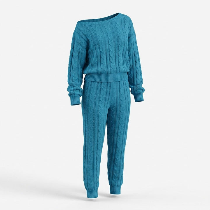Kvinnors Kabelstickad Tröja och Jogging Set – Mysig Tvådelad Loungewear för Kyligare Dagar