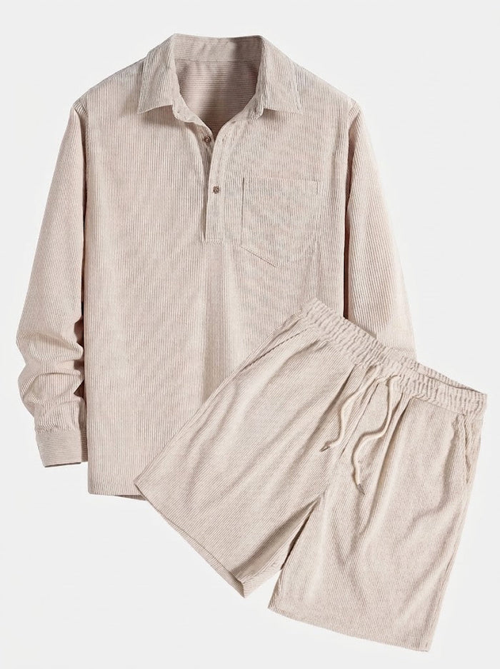 Mans Corduroy Långärmad Skjorta och Shorts Set – Texturerad Övergångs Casualwear