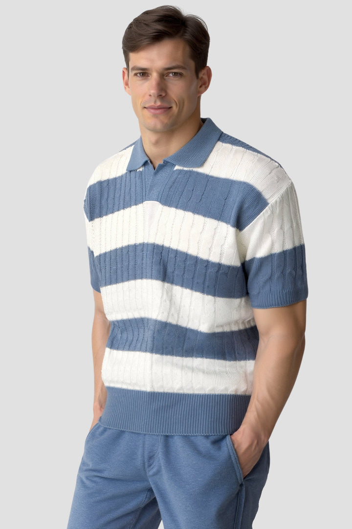 Herrstickad randig polo texturerad smart casual sommar skjorta