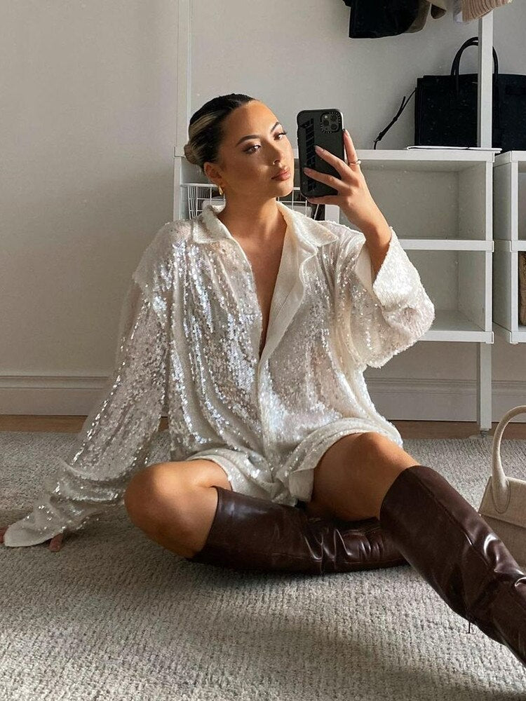 Kvinnors Oversized Paljettblus Glittrande Långärmad Festtop