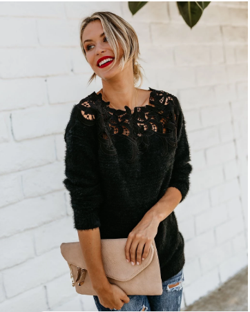 Kvinnors Stickad Tröja med Spetsdetaljer Elegant Blommig Urringning Mjuk Lätt Vikt Sweater