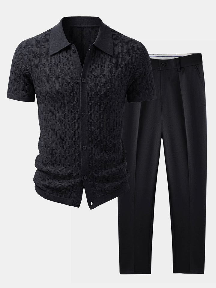 Herrarnas Viskos Texturerad Stickad Skjorta och Stretch Tapered Byxor – Smart Casual Sommarset