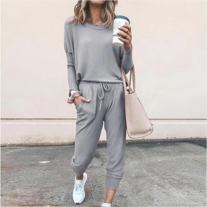 Kvinnors Avslappnad Långärmad Topp och Jogger Set – Mjuk Tvådelad Avslappnad Outfit