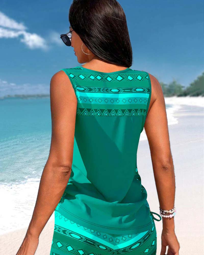 Kvinnors Tankini Baddräkt Med Korskors Nacke Tryckt Tvådelad