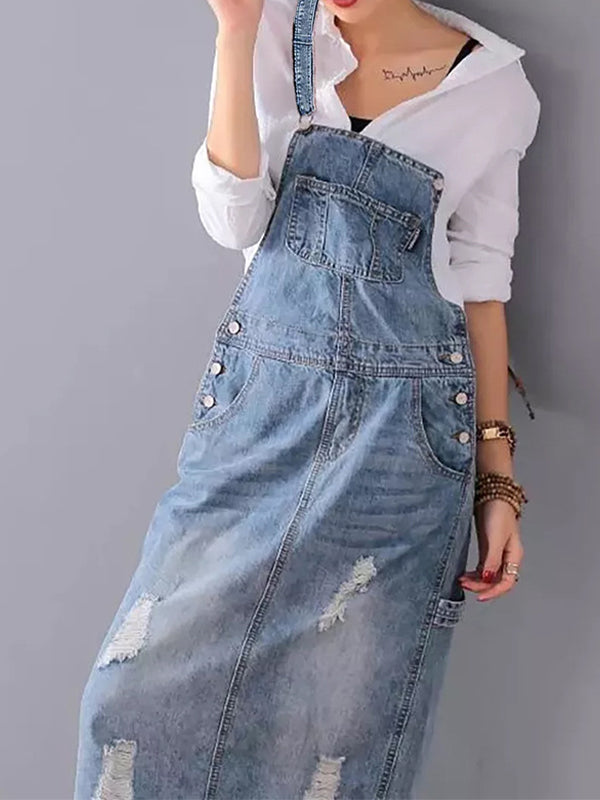 Kvinnors Sliten Denim Pinafore Maxi Klänning Med Fickor