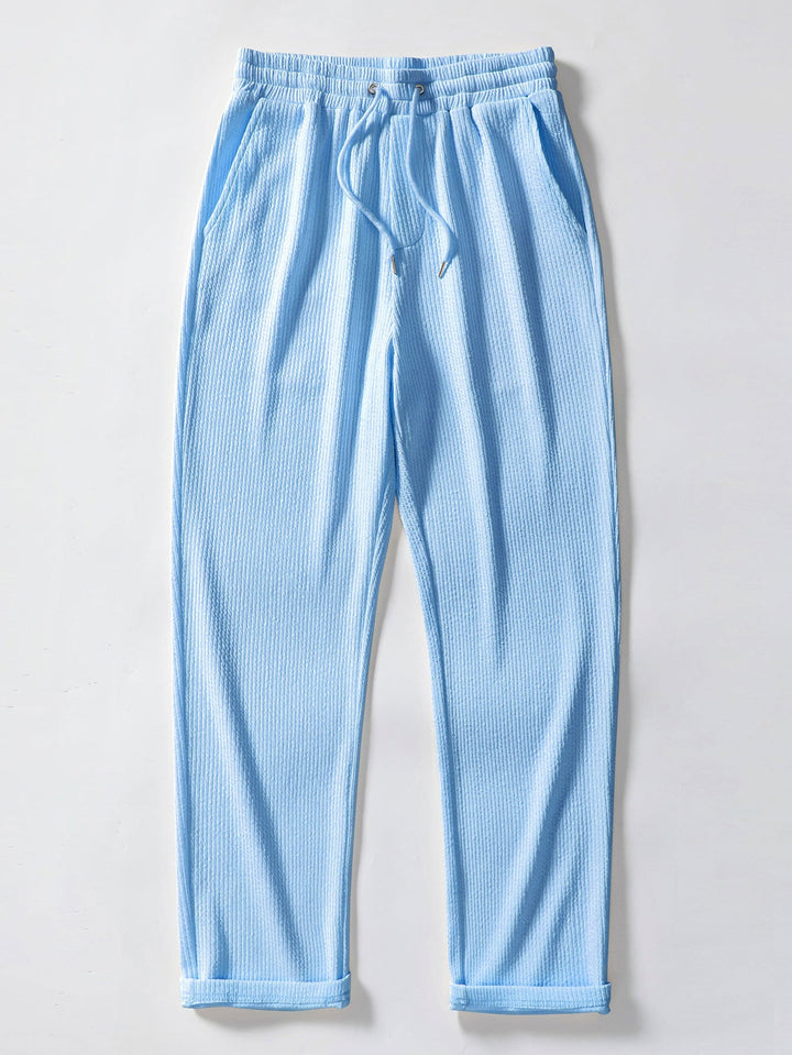 Herrens Ribbad Ståkrage Skjorta och Rakbenade Byxor – Stretch Smart Casual Set