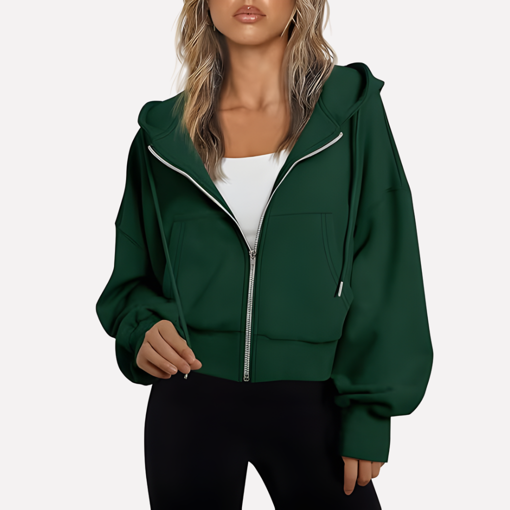 Dam Zip Hoodie Avslappnad Passform Croppad Dragkedja Jacka