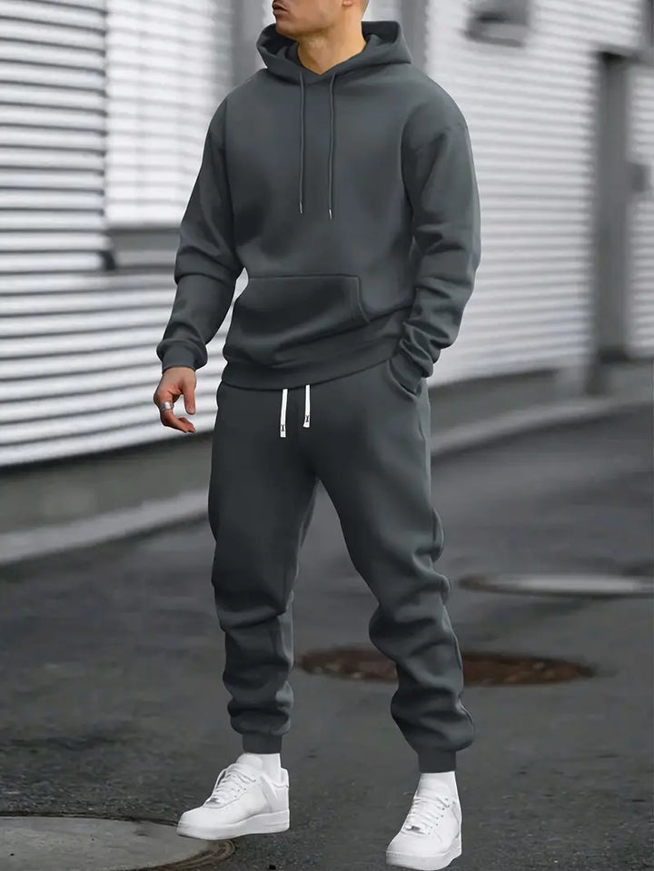Herr Hoodie och Joggers Set – Avslappnad Tvådelad Träningsoverall för Resor och Fritid