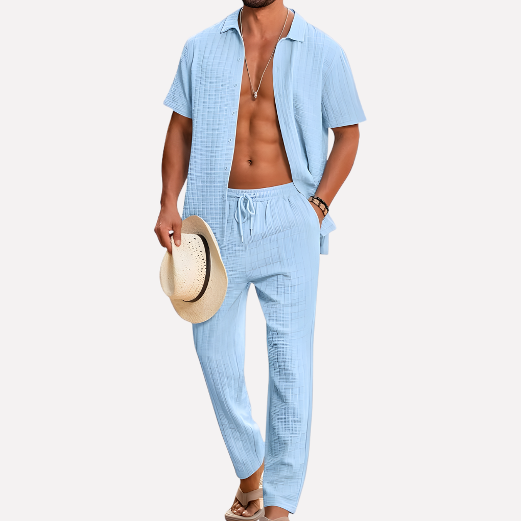 Herrars sommar co-ord set texturerad skjorta avslappnade byxor