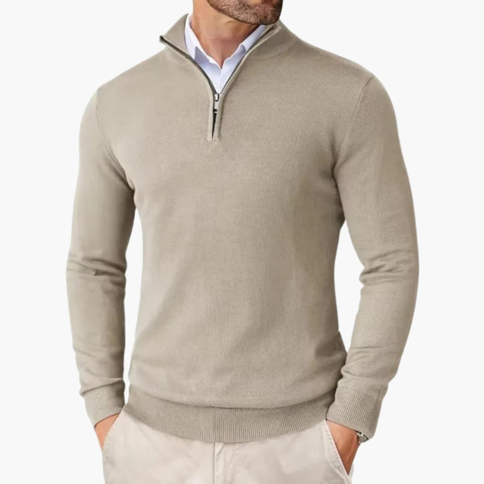 Herrars Quarter Zip Pullover Ribbad Nederkant Stickad Topp