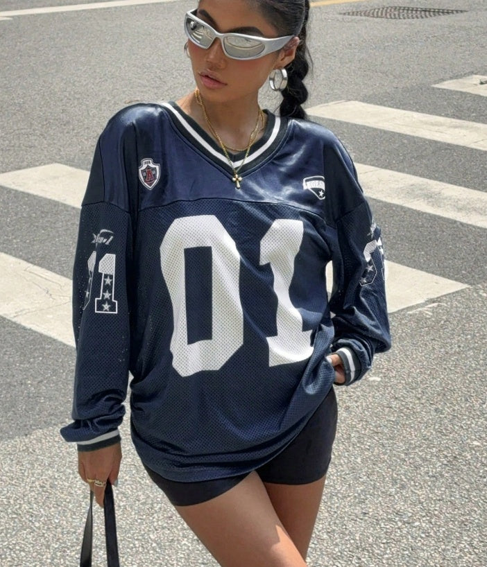 Dam Jersey T-shirt Lång Ärmar Oversized Streetwear Top