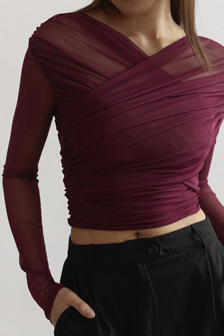 Kvinnors Rynkad Mesh Wrap Top – Långärmad Kvällstop för Elegant Styling