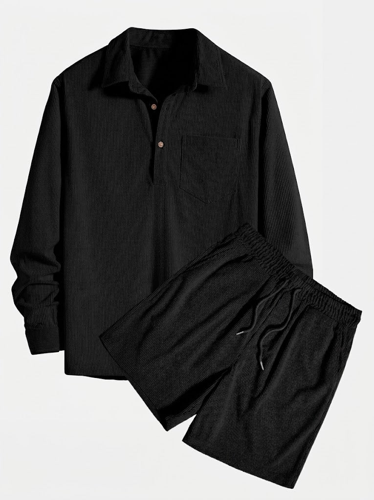 Mans Corduroy Långärmad Skjorta och Shorts Set – Texturerad Övergångs Casualwear