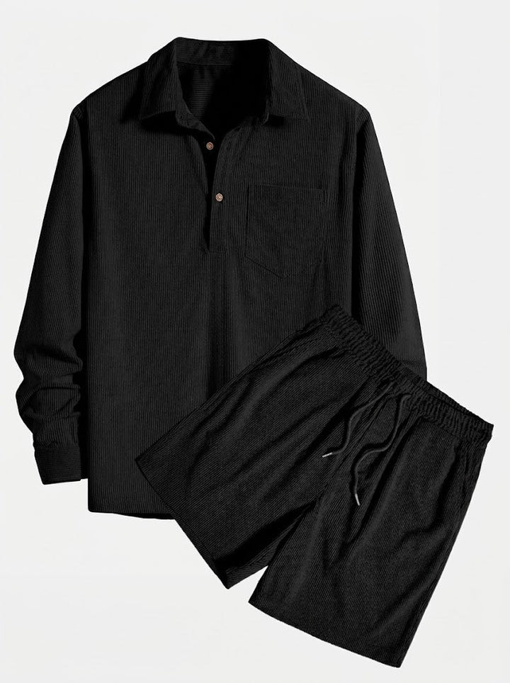 Mans Corduroy Långärmad Skjorta och Shorts Set – Texturerad Övergångs Casualwear