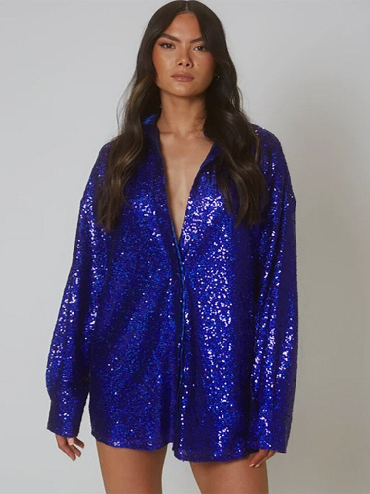 Kvinnors Oversized Paljettblus Glittrande Långärmad Festtop