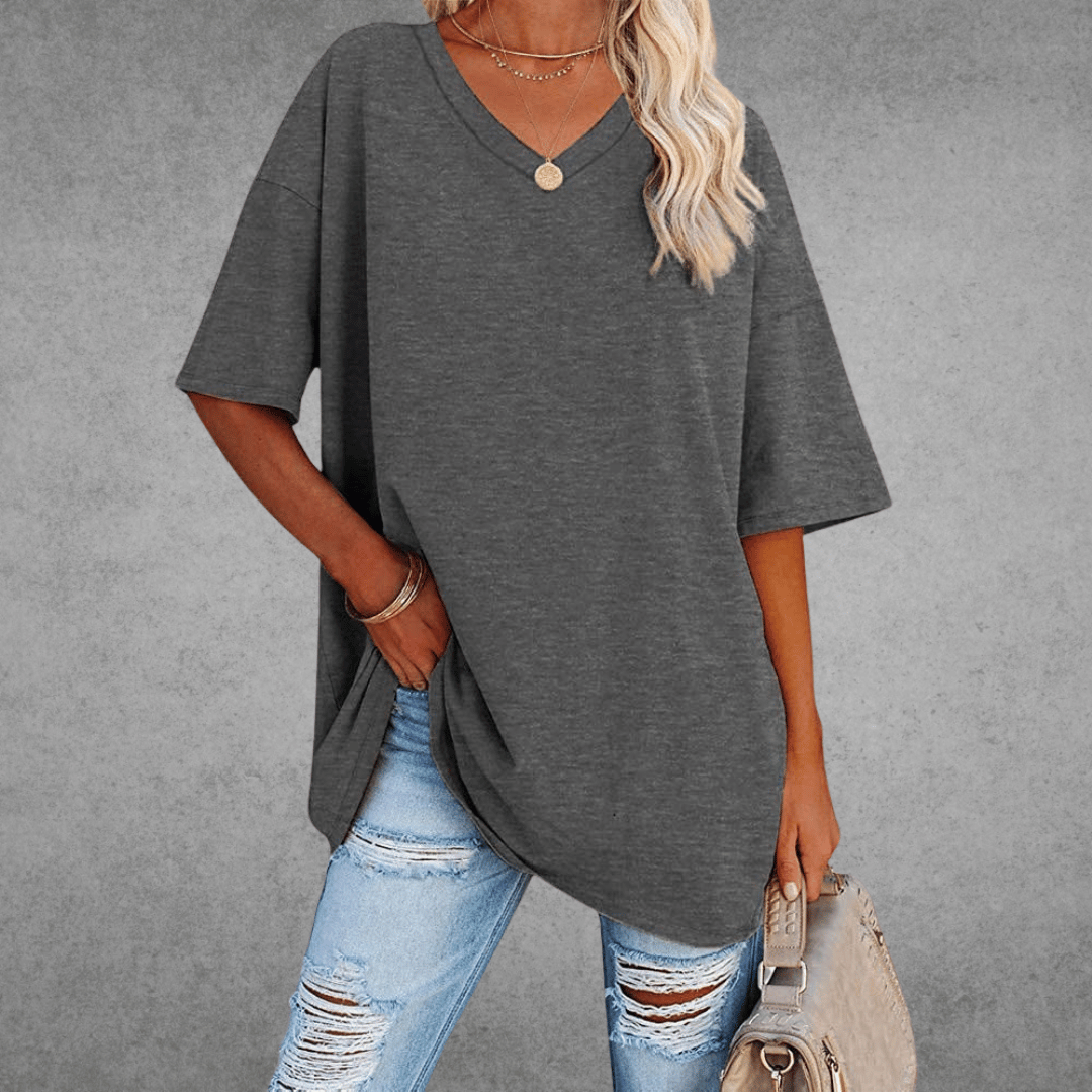 Kvinnors Avslappnad V-ringad T-shirt – Oversized Sommar Topp för Vardagsstil