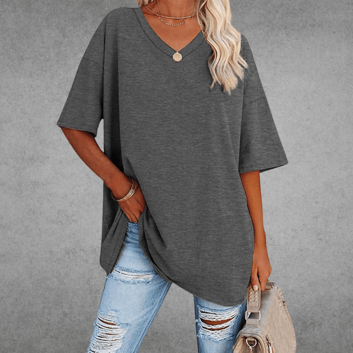 Kvinnors Avslappnad V-ringad T-shirt – Oversized Sommar Topp för Vardagsstil