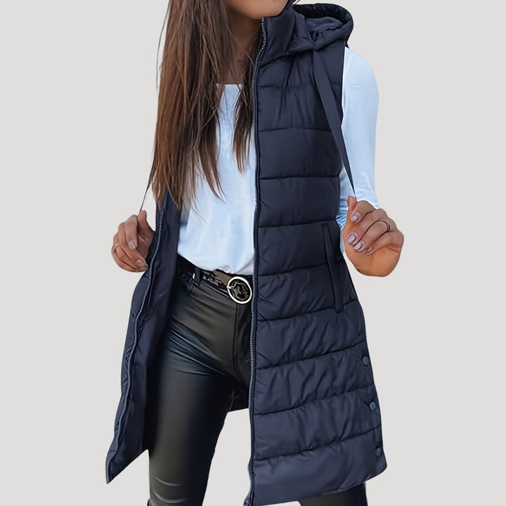 Kvinnors Vadderad Huva Gilet – Långlinjig Zip-Up Vinterlager för Avslappnad Vardagsbruk