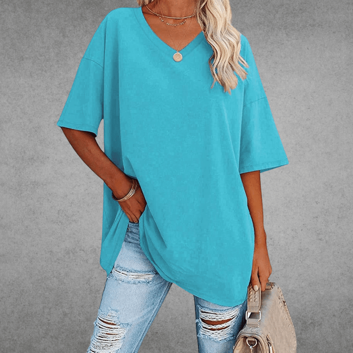 Kvinnors Oversized V-halsad Avslappnad T-shirt med Halv Ärmar