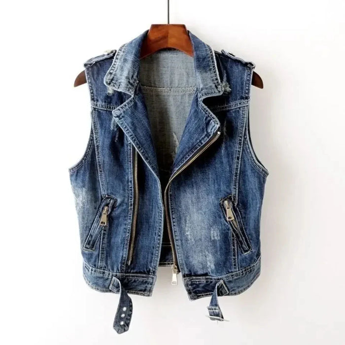 Herrens Bomullsdenim Biker Väst – Distressed Ärm-Lös Lager med Asymmetrisk Dragkedja och Justerbart Bälte
