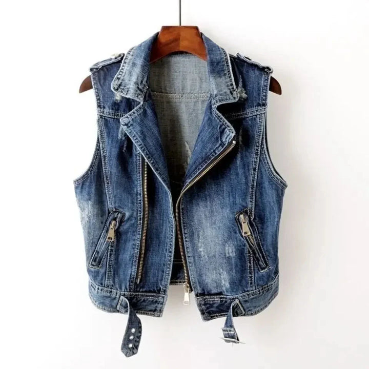 Herrens Bomullsdenim Biker Väst – Distressed Ärm-Lös Lager med Asymmetrisk Dragkedja och Justerbart Bälte