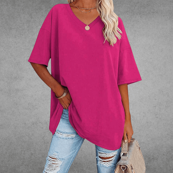 Kvinnors Avslappnad V-ringad T-shirt – Oversized Sommar Topp för Vardagsstil