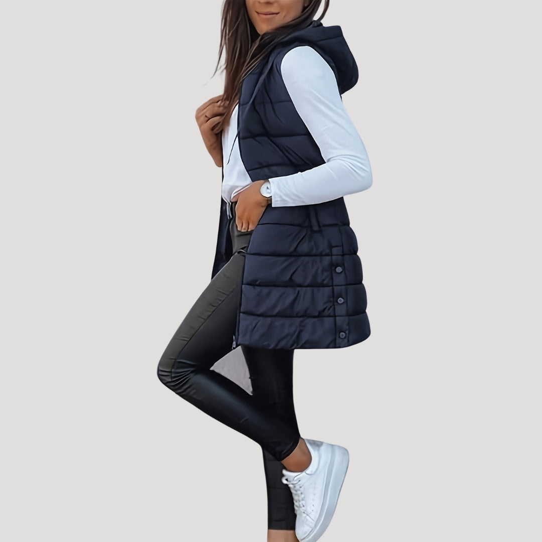 Kvinnors Vadderad Huva Gilet – Långlinjig Zip-Up Vinterlager för Avslappnad Vardagsbruk