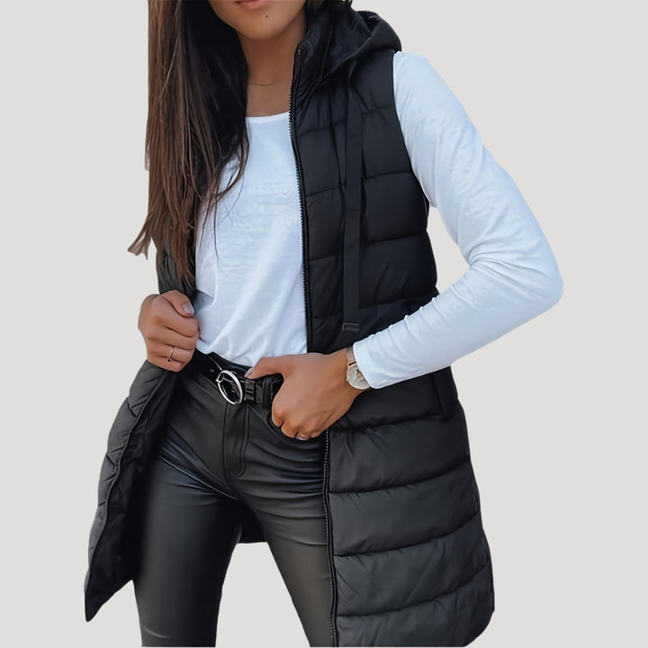 Kvinnors Vadderad Huva Gilet – Långlinjig Zip-Up Vinterlager för Avslappnad Vardagsbruk