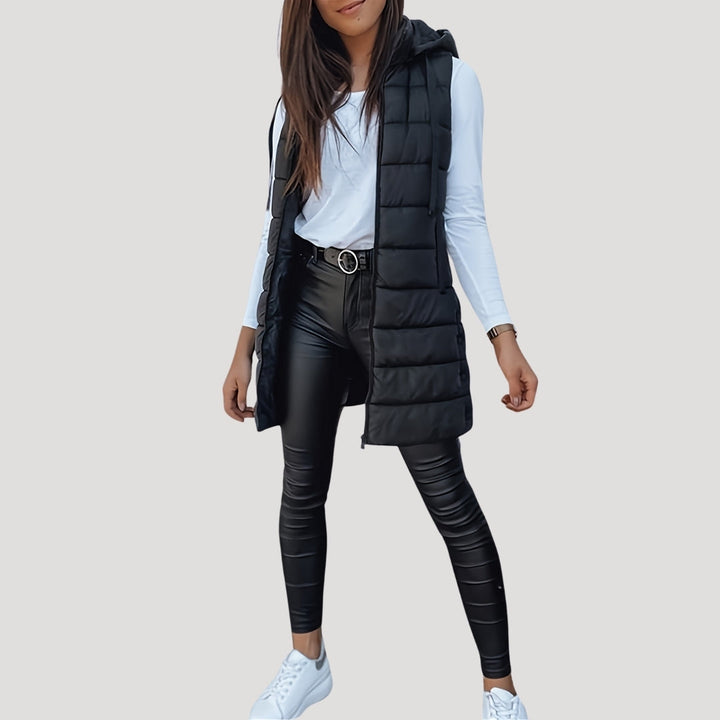 Kvinnors Vadderad Huva Gilet – Långlinjig Zip-Up Vinterlager för Avslappnad Vardagsbruk